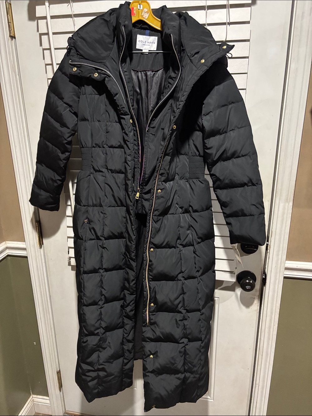 Cole Haan Black Long Quilted Hooded Puffer Coat